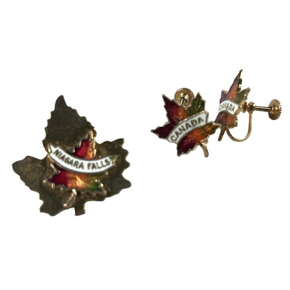 Vintage Niagara Falls Canada Maple Leaf Pin & Screw-Back Earrings Set Gold-Tone - Picture 2 of 8